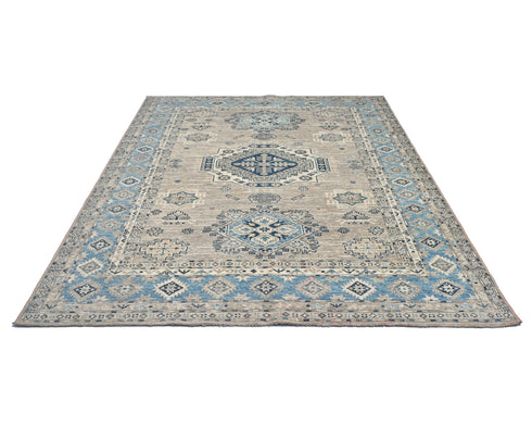 5x7 Ft Kazak Brown Blue Afghan Hand Knotted Geometric Wool Area Rug